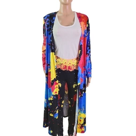 Plus Sz Printed Tank Top+Long Cloak+Pants 3pc Set - Picture 3 of 13